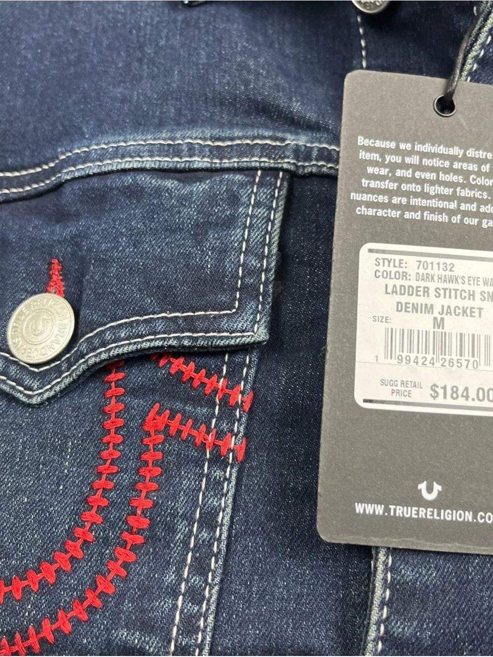 True Religion Denim Jacket Red Ladder Stitch Men’s Medium Dark Wash MSRP $184